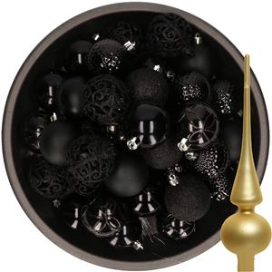 Decoris 37x stuks kunststof kerstballen 6 cm zwart incl. glazen piek mat goud -