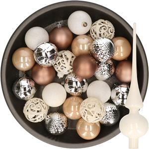 Decoris 37x stuks kunststof kerstballen 6 cm incl. glazen piek bruin-zilver-wit -