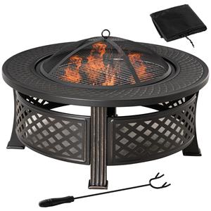 Outsunny vuurschaal met pook vonkenbescherming vuurkorf vuurtafel ronde vuurkorf voor in de tuin camping BBQ staal zwart 81 x 81 x 50 cm
