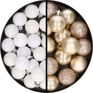 34x stuks kunststof kerstballen wit en champagne 3 cm -