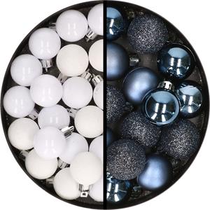 34x stuks kunststof kerstballen wit en donkerblauw 3 cm -
