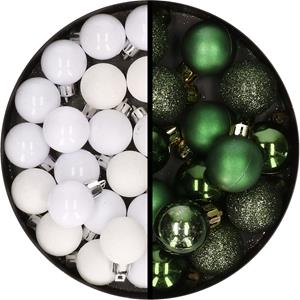 34x stuks kunststof kerstballen wit en donkergroen 3 cm -