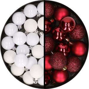 34x stuks kunststof kerstballen wit en donkerrood 3 cm -