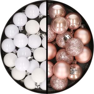 34x stuks kunststof kerstballen wit en lichtroze 3 cm -