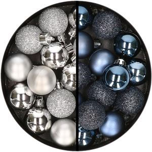 34x stuks kunststof kerstballen zilver en donkerblauw 3 cm -