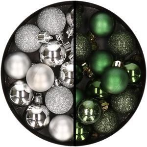 34x stuks kunststof kerstballen zilver en donkergroen 3 cm -