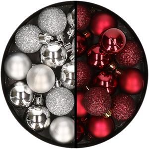 34x stuks kunststof kerstballen zilver en donkerrood 3 cm -