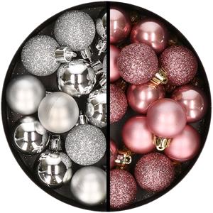 34x stuks kunststof kerstballen zilver en velvet roze 3 cm -