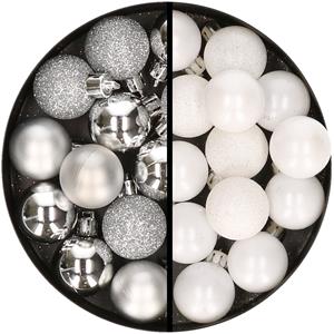 34x stuks kunststof kerstballen zilver en wit 3 cm -