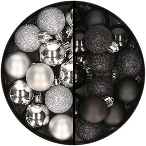 34x stuks kunststof kerstballen zilver en zwart 3 cm -