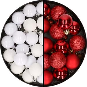 34x stuks kunststof kerstballen wit en rood 3 cm -