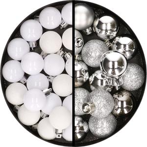 34x stuks kunststof kerstballen wit en zilver 3 cm -