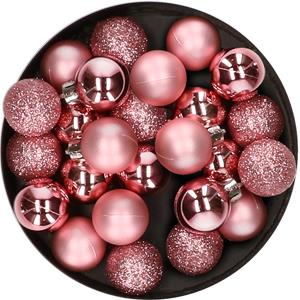 Decoris 28x stuks kleine kunststof kerstballen lippenstift roze 3 cm -