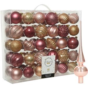 Decoris Kunststof kerstballen 60x stuks 6-7 cm met glazen glans piek roze en bruin -