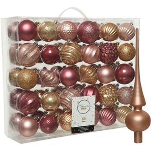 Decoris Kunststof kerstballen 60x stuks 6-7 cm met glazen matte piek roze en bruin -