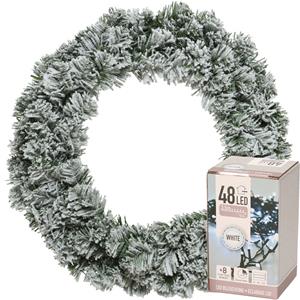 Decoris Kerstkrans groen met sneeuw 35 cm incl. verlichting helder wit 4m -