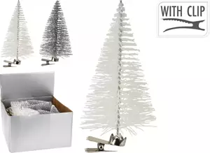 Koopman International Element Kerstboom op knijper 10cm 2 assorti - Zilver, Wit