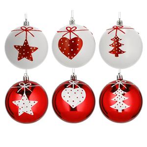 Cepewa 6x stuks gedecoreerde kerstballen rood en wit kunststof 6 cm -