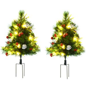 HOMCOM 2-er-Set Weihnachtsbäume Mini künstlicher Christbaum mit Tannenzapfen und rote Beere, Kugeln und Warmweiß LED-Lichtern Ø33 x 75 cm