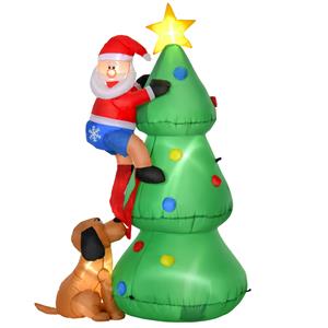 HOMCOM opblaasbare kerstboom met kerstman en hond 180 cm kerstversiering kerstverlichting LED zelfopblazend polyester groen 123 x 85 x 180 cm