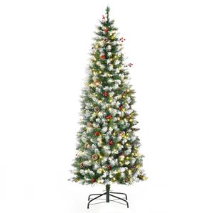 HOMCOM Weihnachtsbaum 1,8 m Christbaum Tannenbaum mit 34 roten Beeren Tannenzapfen LED-Lichter Kunsttanne 618 Zweige PVC Stahl Grün+Weiß Ø65 x 180 cm
