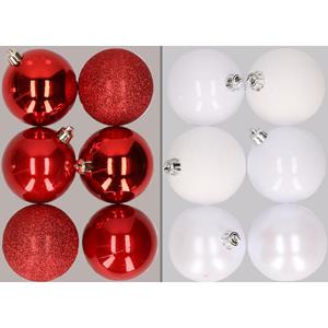 12x stuks kunststof kerstballen mix van rood en wit 8 cm -