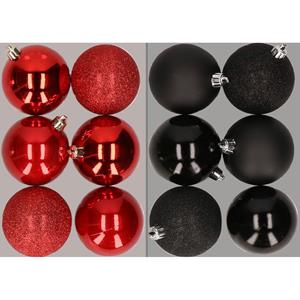 12x stuks kunststof kerstballen mix van rood en zwart 8 cm -