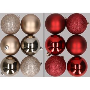 12x stuks kunststof kerstballen mix van champagne en donkerrood 8 cm -