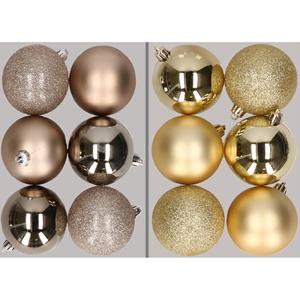 12x stuks kunststof kerstballen mix van champagne en goud 8 cm -