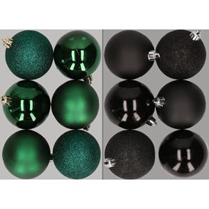 12x stuks kunststof kerstballen mix van donkergroen en zwart 8 cm -