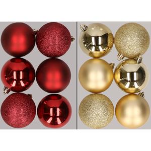 12x stuks kunststof kerstballen mix van donkerrood en goud 8 cm -