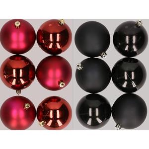 12x stuks kunststof kerstballen mix van donkerrood en zwart 8 cm -