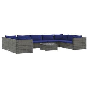 VidaXL 10-delige Loungeset met kussens poly rattan grijs