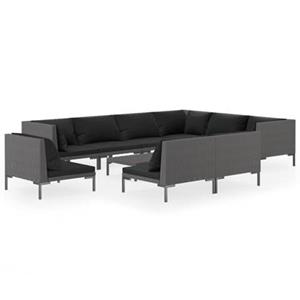 VidaXL 10-delige Loungeset met kussens poly rattan donkergrijs