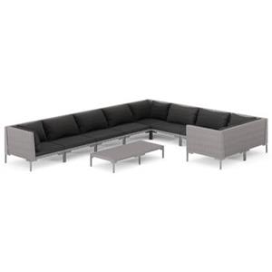 VidaXL 10-delige Loungeset met kussens poly rattan donkergrijs