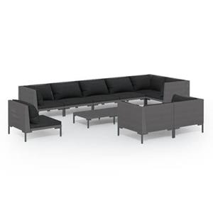 VidaXL 10-delige Loungeset met kussens poly rattan donkergrijs