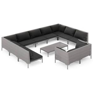 VidaXL 12-delige Loungeset met kussens poly rattan donkergrijs