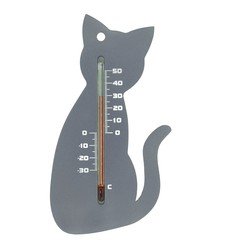 Binnen/buiten thermometer grijze kat/poes 15 cm - Tuindecoratie dieren - Buitenthemometers / raamthermometer / kozijnthermometer - Buitenthermometers