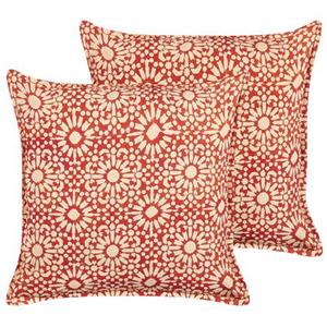 beliani Dekokissen 2er Set Rot Baumwolle 45 x 45 cm Bezug mit Füllung Reißverschluss Geometrisches Muster Retro Sofakissen Wohnzimmer Schlafzimmer - Rot