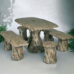 Gartentraum.de Sitzgarnitur aus Steinguss für den Garten - Tisch, Bänke & Hocker im Holzdesign - Tharalea / Holzoptik