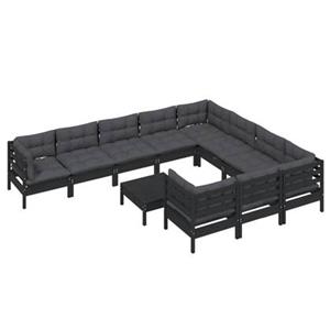 vidaXL 11-delige Loungeset met kussens grenenhout zwart