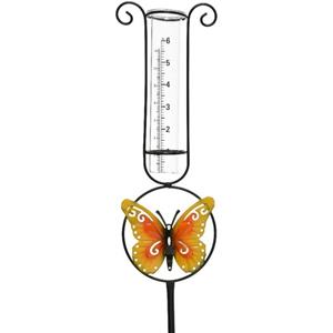 Decoris Metalen regenmeter tuindecoratie 33 cm metaal/glas met vlinder -