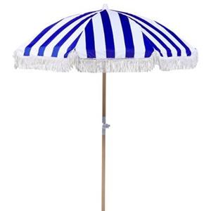 beliani Sonnenschirm Blau Stoff-Bespannung Rund ⌀ 150 cm mit Volant Regenschutz Holzmast Neigungsfunktion Kurbel Boho Garten Outdoor Balkon Terrasse - Weiß