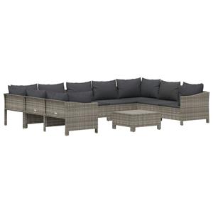 vidaXL 10-delige Loungeset met kussens poly rattan grijs