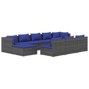 vidaXL 10-delige Loungeset met kussens poly rattan grijs