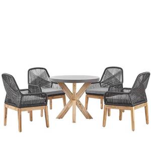 beliani Gartenset Tisch 90 cm rund 4 Stühle Faserzement Akazienholz Rustikal Olbia - Grau