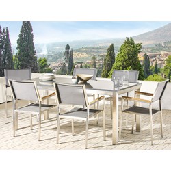 beliani Gartenmöbel Set Grau Granit Edelstahl Tisch 180 cm Poliert 6 Stühle Terrasse Outdoor Modern - Silber