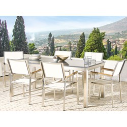 beliani Gartenmöbel Set Grau Weiß Granit Edelstahl Tisch 180 cm Poliert 6 Stühle Terrasse Outdoor Modern - Silber