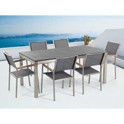 beliani Gartenmöbel Set Schwarz Granit Edelstahl Tisch 180 cm Geflammt 6 Stühle Terrasse Outdoor Modern - Silber