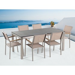 beliani Gartenmöbel Set Beige Schwarz Granit Edelstahl Tisch 180 cm Geflammt 6 Stühle Terrasse Outdoor Modern - Silber